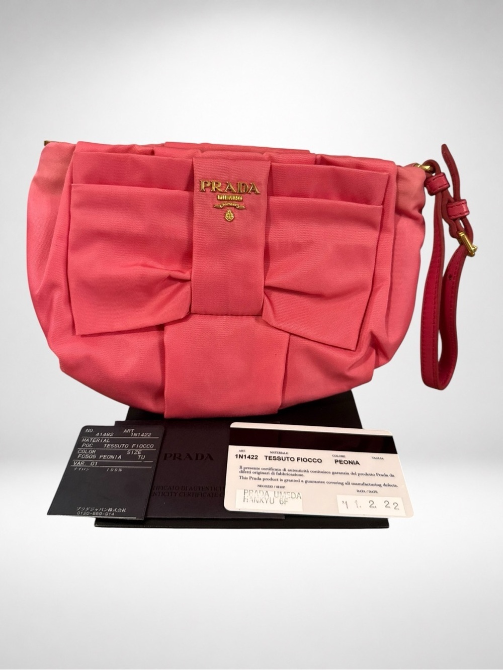 Prada Tessuto Fiocco Peonia Pink Bow Wristlet Clutch Pouch COA Authentic